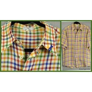 Men Zanella Italy linen check button down shirt size medium M multi short sleeve